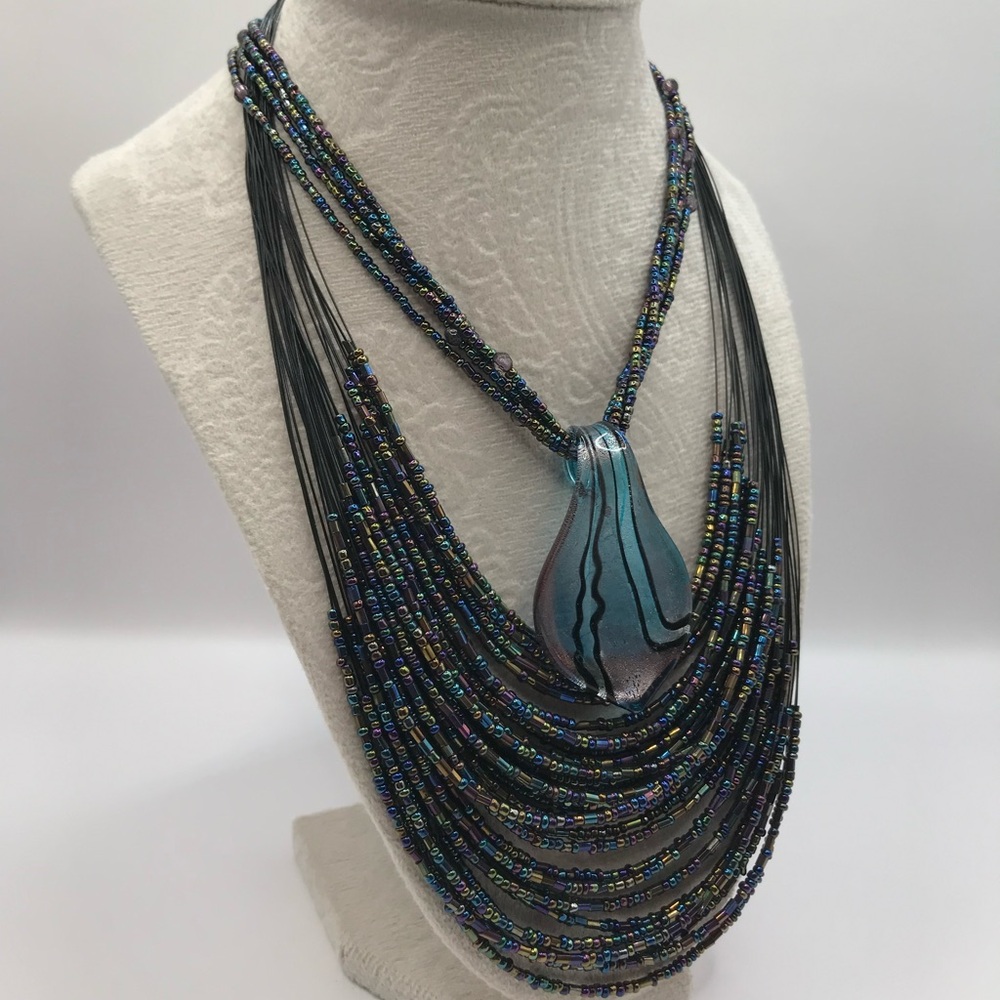 2 Multi-Strand Seed Bead & Glass pendant Necklaces - Picture 2 of 7